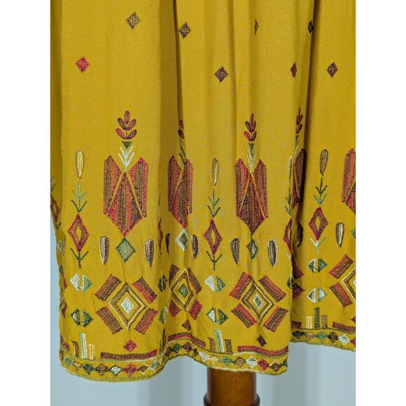 Womens S Boho Long Sleeve Dress Embroidered V Neck Gold Mustard Yellow Hippie - Picture 7 of 14